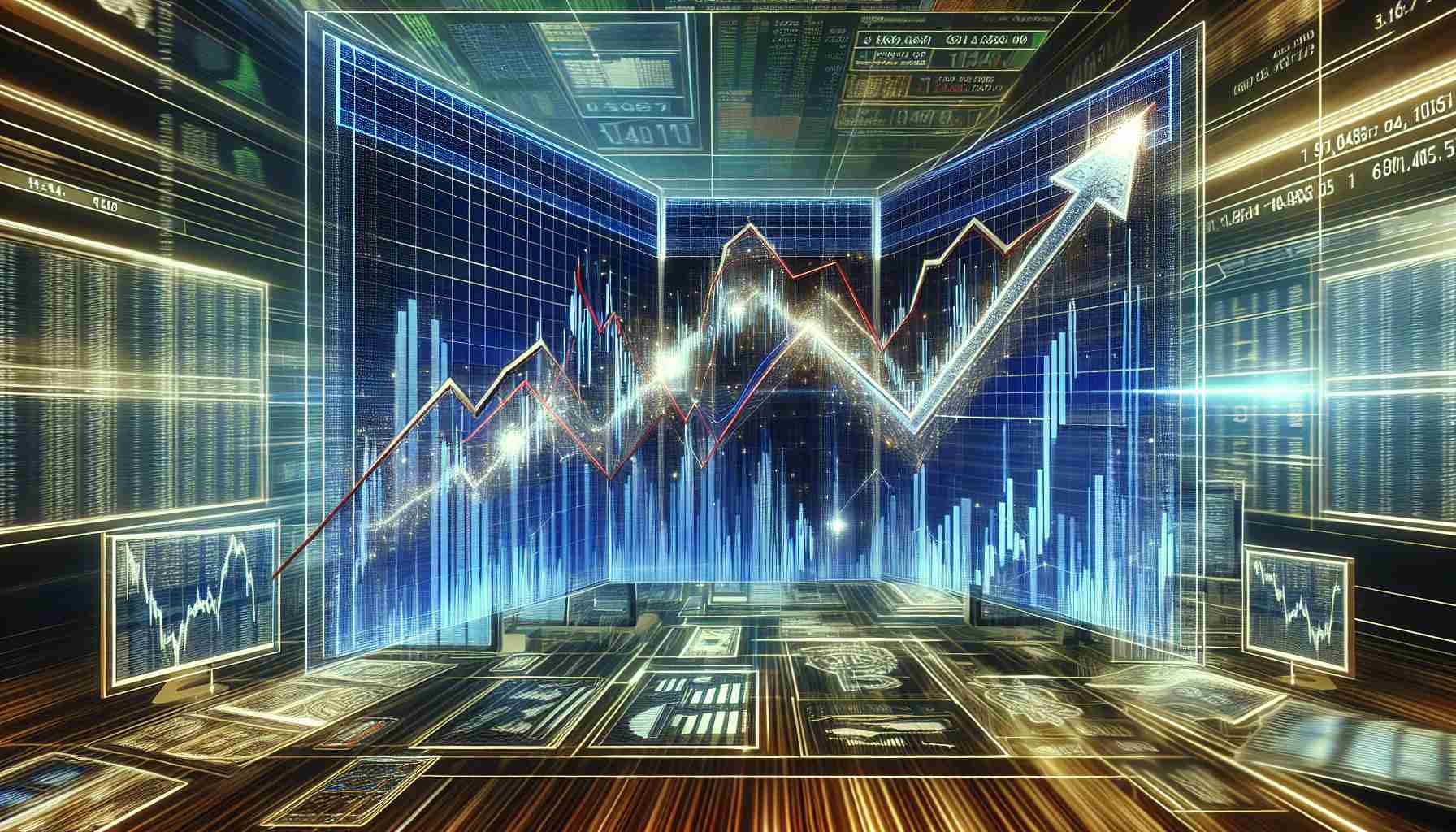 High-definition, realistic digital artwork showcasing the metaphorical representation of a extraordinary market surge in terms of the Injective Protocol cryptocurrency. Picture this as a bold, dynamic graph on a digital screen, with lines zooming upwards to suggest robust growth and prosperity. The backdrop would be that of a futuristic trading desk, with multiple screens displaying various financial data and indicators.