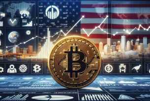 High-definition realistic depiction of a Bitcoin against a backdrop. The backdrop features a composite of various elements symbolizing U.S. economy - a bar graph illustrating economic figures, symbolic images of industry, commerce, real estate, and agriculture.