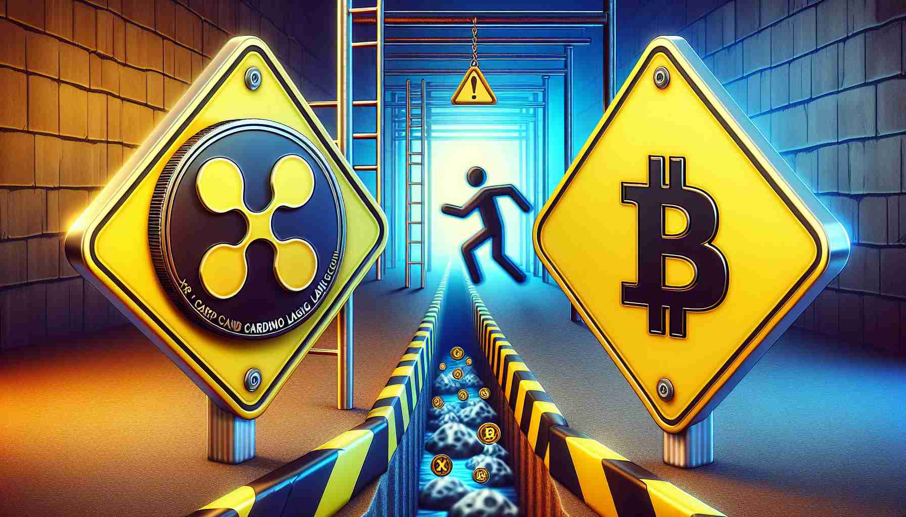 Generate a realistic HD image that represents the concept of caution in cryptocurrency investment, specifically focusing on XRP and Cardano lagging behind Bitcoin. The image may contain symbolic depictions of these mentioned cryptocurrencies and the concept of them falling behind Bitcoin. Incorporate elements indicating risk or caution, such as warning signs or certain visual cues.