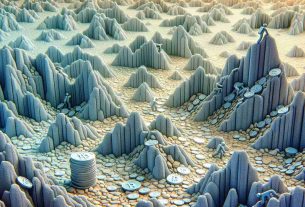 An ultra high-definition, photorealistic image of symbolic representation of the cryptocurrency markets navigating a bearish terrain. A literal illustration of a terrain with its ups and downs, boulders and pitfalls, colored in a soothing palette of grays and blues symbolizing the bear market. Insert random coins as physical tokens or coins dispersed throughout the terrain struggling to climb the upward slopes, while some roll downward depicting fluctuation in values. Ensure a balance between the abstract metaphor and the literal depiction of a bearish financial market landscape.