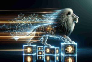 A hyper-realistic, high-definition illustration of a conceptual representation of a lion, designed with digital patterns and futuristic elements, signifying the leader in a field. The lion is standing on top of a visually depicted blockchain platform which is represented by interconnected blocks zapping with high-speed data transfer. The blocks should emit a unique illumination suggesting revolutionary change and high speed.