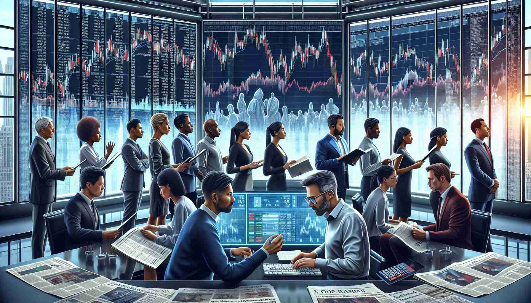 An HD illustration portraying the scene of a diverse group of investment analysts from various descents such as Caucasian, Hispanic, Black, Middle-Eastern, and South Asian. They are in a modern office space attentively examining and issuing ratings for stocks from the retail and technology sectors. Displayed on a large monitor are dynamic graphs, charts, and numerical data, symbolizing the fluctuating nature of these markets. In the foreground, newspaper headlines highlight the changes being made. Avoid humanizing department stores or technology devices to maintain the scene's realistic tone.