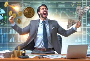 A realistic HD photo depicting a high-profile businessman enthusiastically embracing the concept of cryptocurrency, which ignites rumors and fraudulent activities.