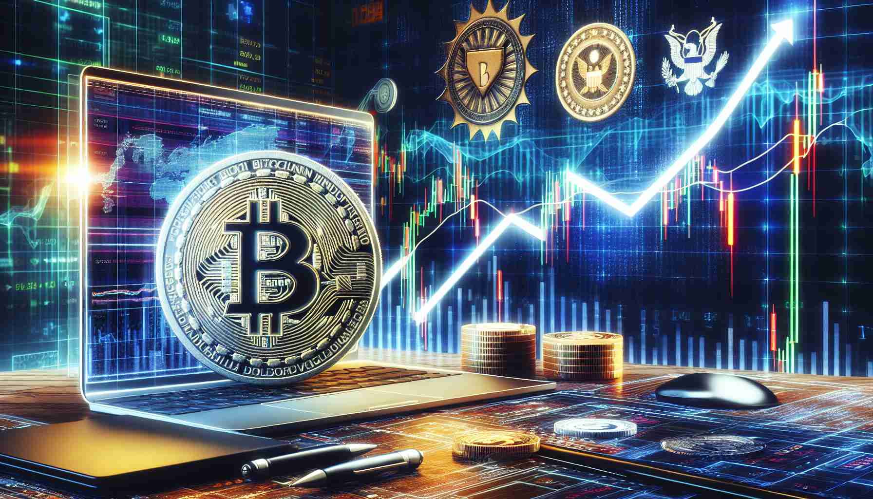 High definition, realistic image depicting the concept of Bitcoin's volatility. The scene includes a chart with a fluctuating line to represent the Bitcoin price, overlaid on a stock market background. Nearby, symbolic representations of government influence, such as an emblem or flag, are subtly incorporated. Additional elements can include a computer screen displaying wallet activity, cryptocurrency coins, and digital code running in the background.