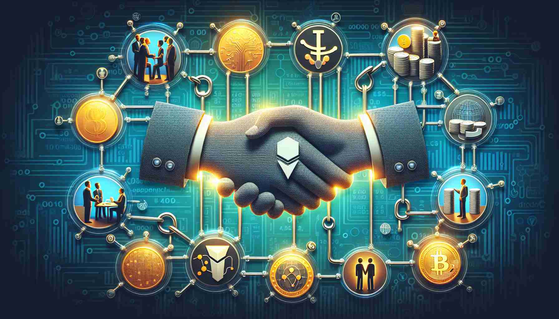 A realistic HD image that symbolically represents the concept of 'Tether Refines Blockchain Partnerships with Emphasis on Community Engagement.' This image should include visuals related to blockchain technology, partnerships, community engagement, and Tether (represented as a generic digital currency). These elements could include a chain made of digital blocks, handshakes, people discussing and collaborating, and icons of digital currency.