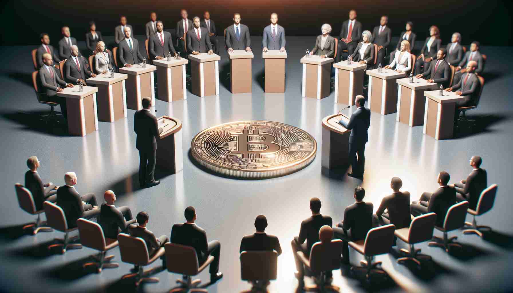 Realistic high-definition scene from an imaginary 2024 debate highlighting the discussion on cryptocurrency policies and its potential influence on the election outcome. The stage is decorated with subtle, neutral colors and all the debate participants are wearing professional attire. The atmosphere is tense with anticipation.