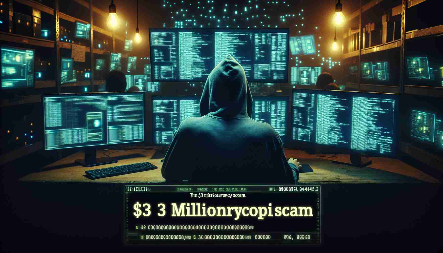 A realistic HD photo depicting a narrative where an anonymous individual is caught up in a cybercrime activity leading to a cryptocurrency scam worth $3 million. The scene shows a shadowy figure, face obscured, sitting in a dimly lit room filled with the luminescent glow of multiple screens displaying various codes and transactions. The image captures the tension, urgency, and secrecy inherent in such illicit activities. A text overlay in the corner of the image reads: 'The $3 Million Cryptocurrency Scam.'