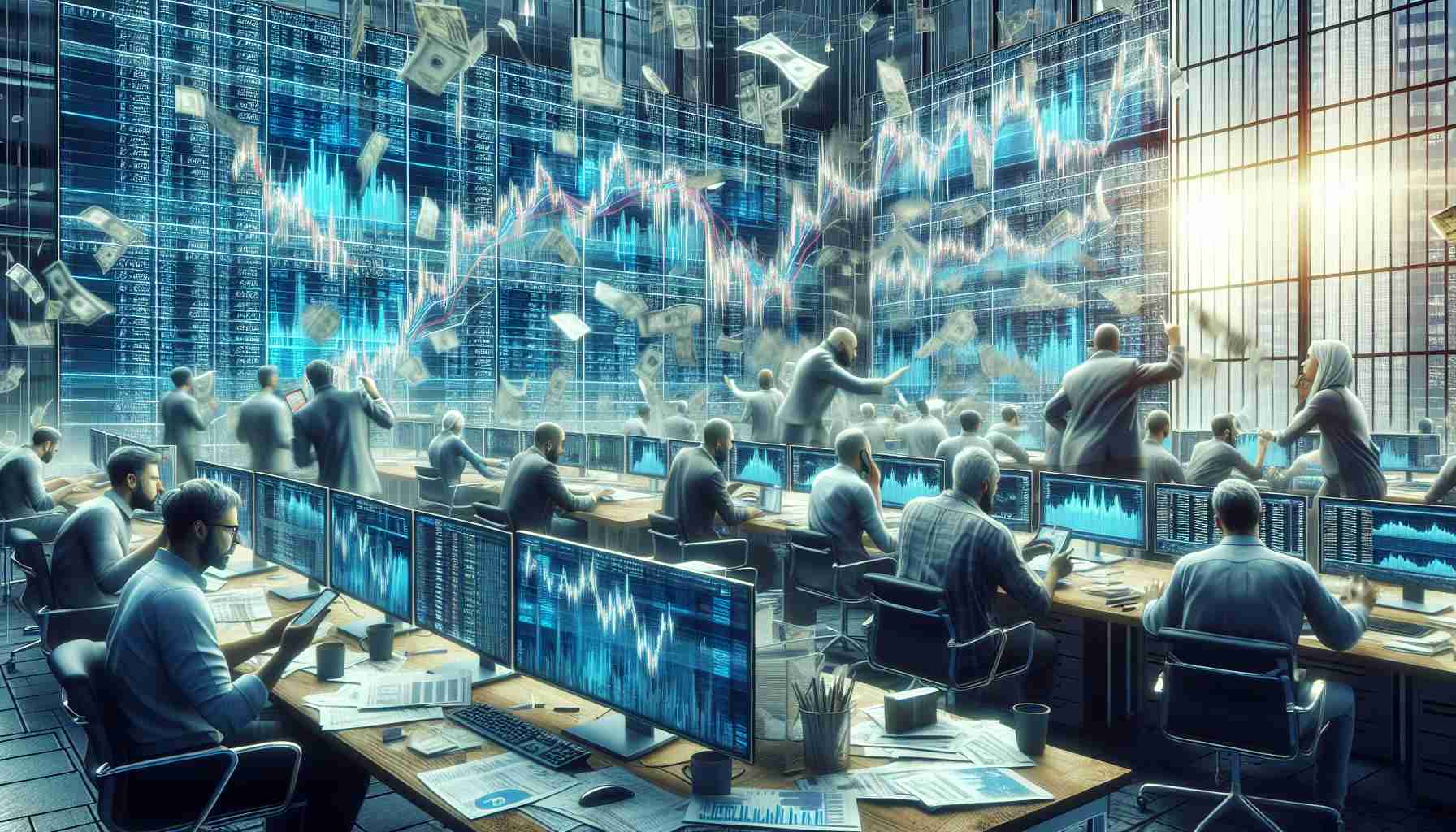 Create a detailed, high-definition image of a hectic scene at a digital trading exchange. It's an intense day marked by a surge in Ethereum liquidation. There's an air of panic and anxiety among the traders, who represent different genders and descents. Some traders are frantically checking rapid fluctuations on large digital screens displaying Ethereum charts. Others are on calls, worriedly discussing the bearish trend. Papers and post-it notes with valuable big data are scattered across desks. The atmosphere is charged with a sense of urgency.