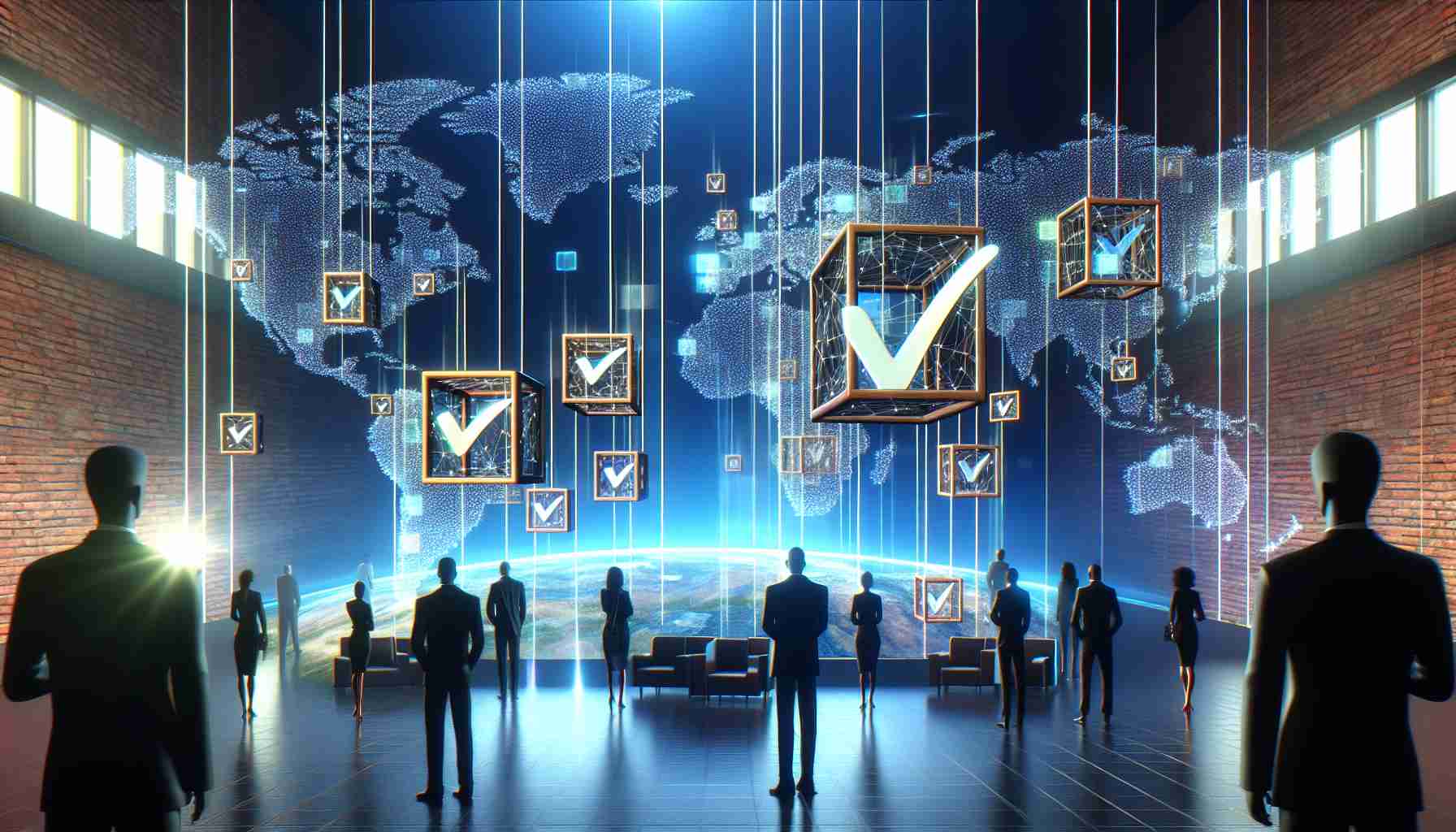 A high-definition, realistic image portraying the concept of a company achieving international election standards, facilitated by the implementation of blockchain technology. Visualize a network of interconnected blocks signifying blockchain, set against a global map to signify international standards. In the foreground, there could be a group of professionals from different descents and genders, observing the process. The company logo, which consists of a checkmark symbolizing voting and the letters 'DVT', is prominently displayed. The scene should be modern, professional, and futuristic, embodying the cutting-edge technology at play.