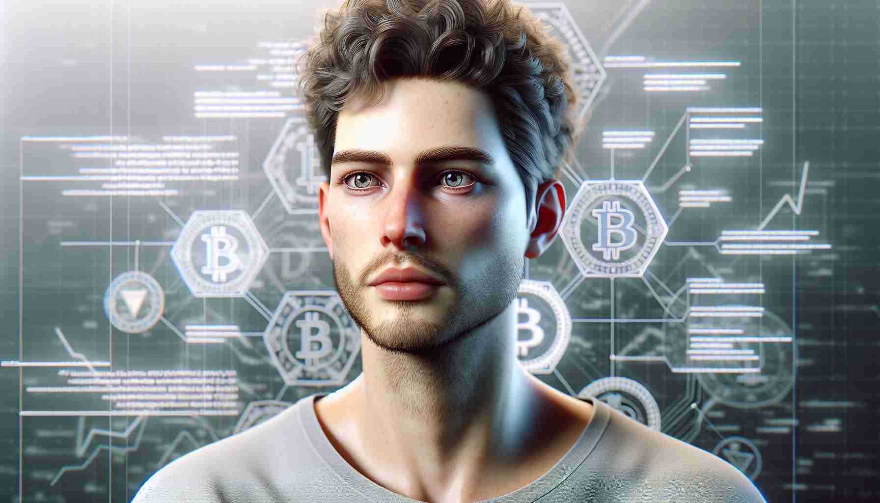 A hyperrealistic HD image of an unnamed, influential figure in the cryptocurrency world. The person is lightly built, with light skin and curly hair. He is in his mid-twenties, sporting a plain t-shirt with an aesthetic typical of the tech-enthusiast look. He looks deeply focused, reflecting his unwavering commitment to the roots of cryptocurrency. Behind him are several complex algorithms indicative of his involvement in digital currencies.