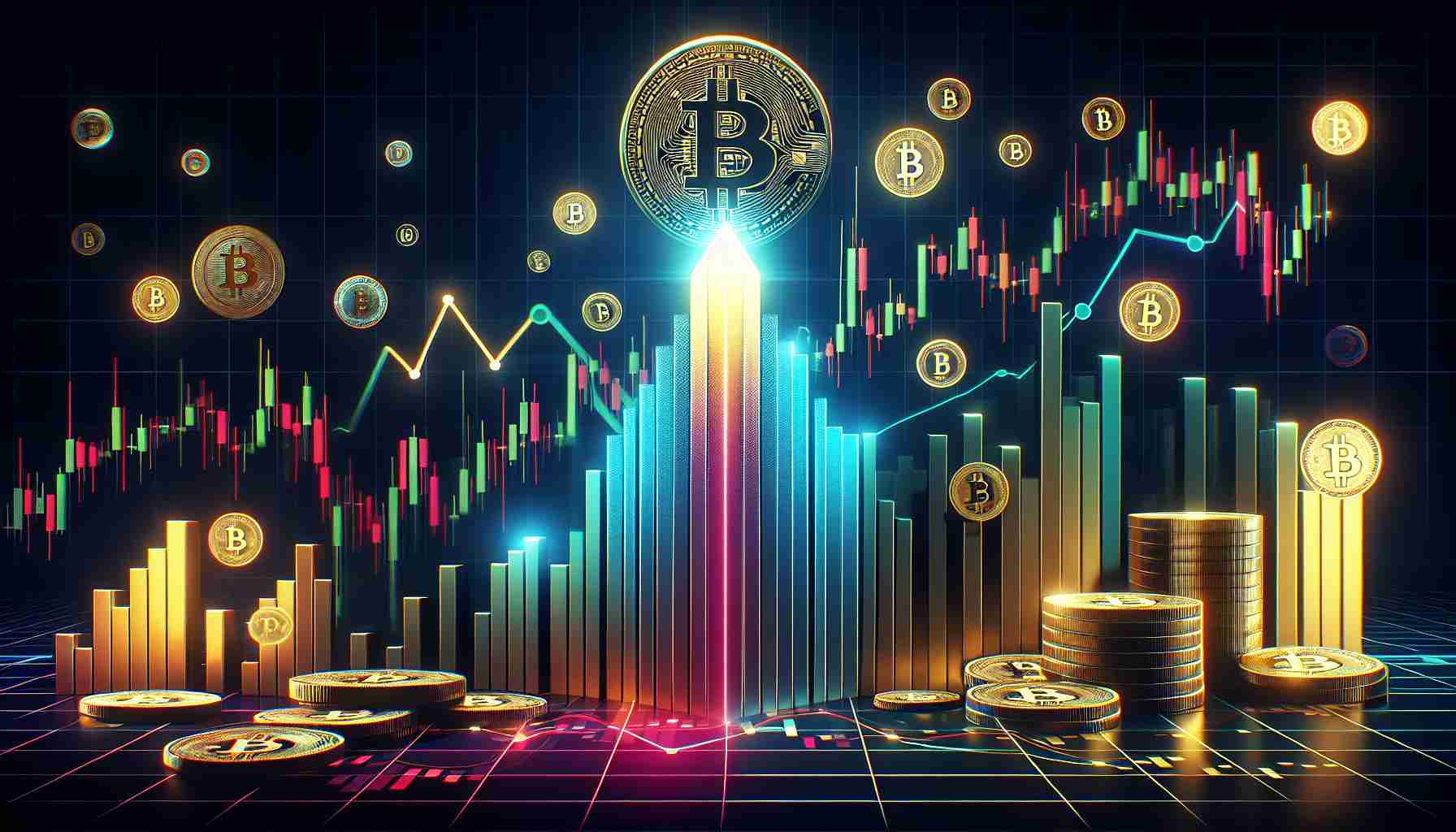 Generate a visual representation of a popular cryptocurrency market experiencing a notable uptrend, despite incoming challenges from a plethora of alternative digital currencies. Include various digital symbolic elements to denote market upswing, with the backdrop of a rising graph. Over this graph contrasting colors should be used to indicate competing altcoins. Emphasize the rise of the central cryptocurrency through use of a tall, glowing peak on the graph. Decouple it visually from the rest through creative use of color and light, thus conveying its prosperity amidst the tough competition.