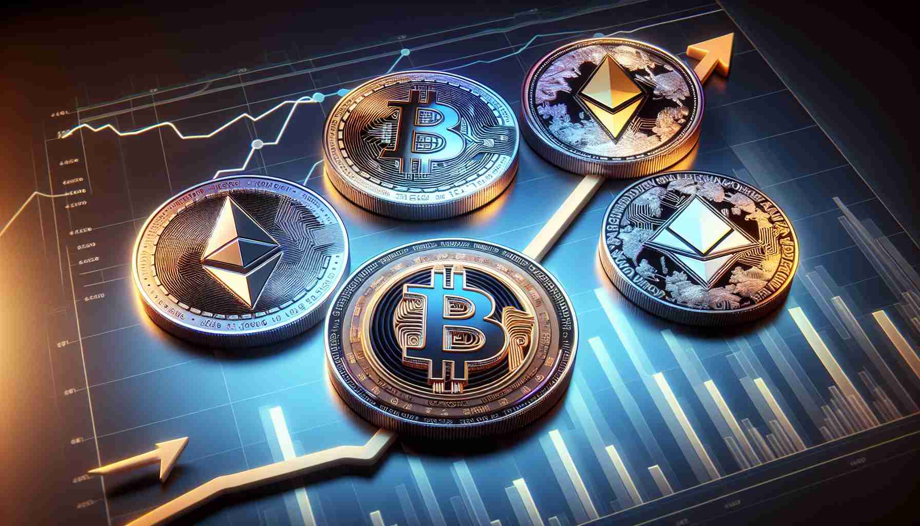 An image showcasing five up-and-coming altcoins that are projected to increase in value in the month of July. Each coin should be displayed individually, with a unique design reflective of its brand. The image is to be presented in a realistic, high-definition format. Please include a subtle background associated with financial growth and prosperity, such as a upward trending graph or iconic symbols of wealth.