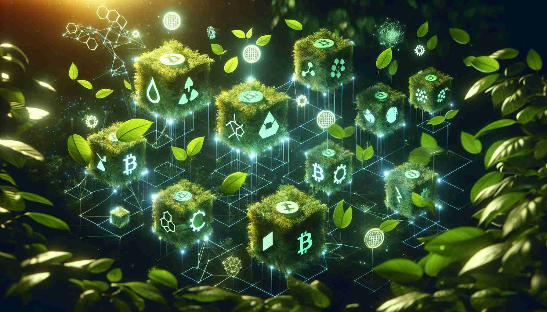 A high-definition, realistic image illustrating the eco-friendly crypto innovations in the blockchain world. The image should have clusters of green leaves symbolizing eco-friendliness, interconnected blocks representing the blockchain, and some symbols showing the sustainable aspects of the new crypto techniques. Atmospheric lighting should highlight the futuristic and transformative character of these innovations.