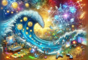 An intricate illustration capturing the emergence of the crypto blockchain gaming market. The image conveys the surge of interest in this new technology, represented by a large wave in the ocean, symbolizing the 'tide'. Sparkling digital coins within the wave represent the crypto aspect, while an interconnected network of lines implies the blockchain technology. Various gaming elements like gaming controllers, characters, and 3D environments are integrated, suggesting the amalgamation of gaming and blockchain. The picture is in high-definition, exhibiting a vibrant color palette and great detail.