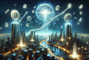 A high-resolution, realistic image representing the concept of the 'Rise of Solana', inspired by the vision of an anonymous cryptocurrency enthusiast. The scene encapsulates a futuristic, digitized cityscape under a radiant sky full of symbolic representations such as physical coins signifying Solana crypto leaving traces of light as they ascend towards the sky. This boom is interspersed with graphical representations of upward-arcing charts & glowing nodes signifying connected networks. The intention is to evoke the envisioning of a forthcoming cryptocurrency upswing.