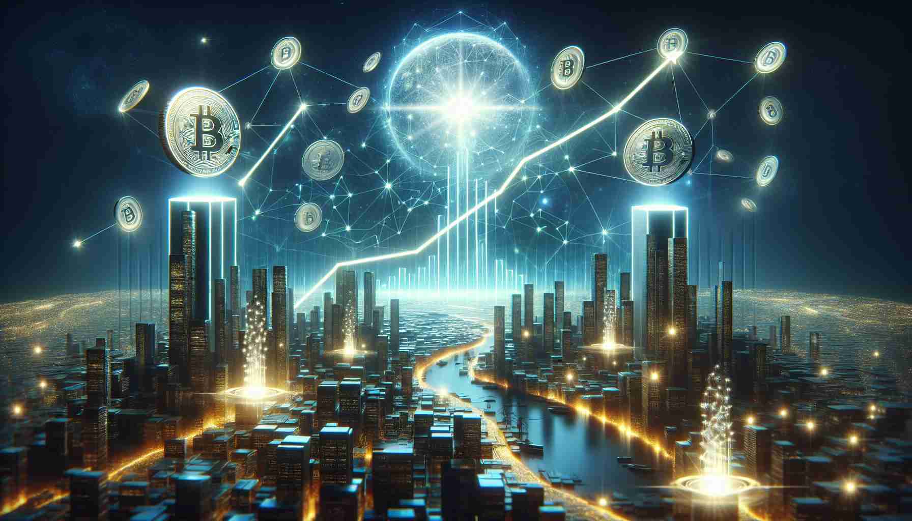 A high-resolution, realistic image representing the concept of the 'Rise of Solana', inspired by the vision of an anonymous cryptocurrency enthusiast. The scene encapsulates a futuristic, digitized cityscape under a radiant sky full of symbolic representations such as physical coins signifying Solana crypto leaving traces of light as they ascend towards the sky. This boom is interspersed with graphical representations of upward-arcing charts & glowing nodes signifying connected networks. The intention is to evoke the envisioning of a forthcoming cryptocurrency upswing.