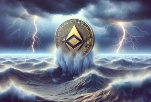 Generate a realistic high-definition image showing a physical representation of the Lido DAO Token lifting or ascending, signifying its rise. This is to be depicted in the midst of a stormy weather at sea, symbolising the turbulence in the cryptocurrency market. Remember, the weather should be clearly turbulent with stormy clouds, high waves, and preferably lightning strikes. The token should visually stand out appearing as if it's contrasting or countering the storm.