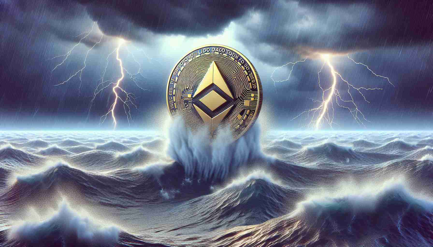 Generate a realistic high-definition image showing a physical representation of the Lido DAO Token lifting or ascending, signifying its rise. This is to be depicted in the midst of a stormy weather at sea, symbolising the turbulence in the cryptocurrency market. Remember, the weather should be clearly turbulent with stormy clouds, high waves, and preferably lightning strikes. The token should visually stand out appearing as if it's contrasting or countering the storm.