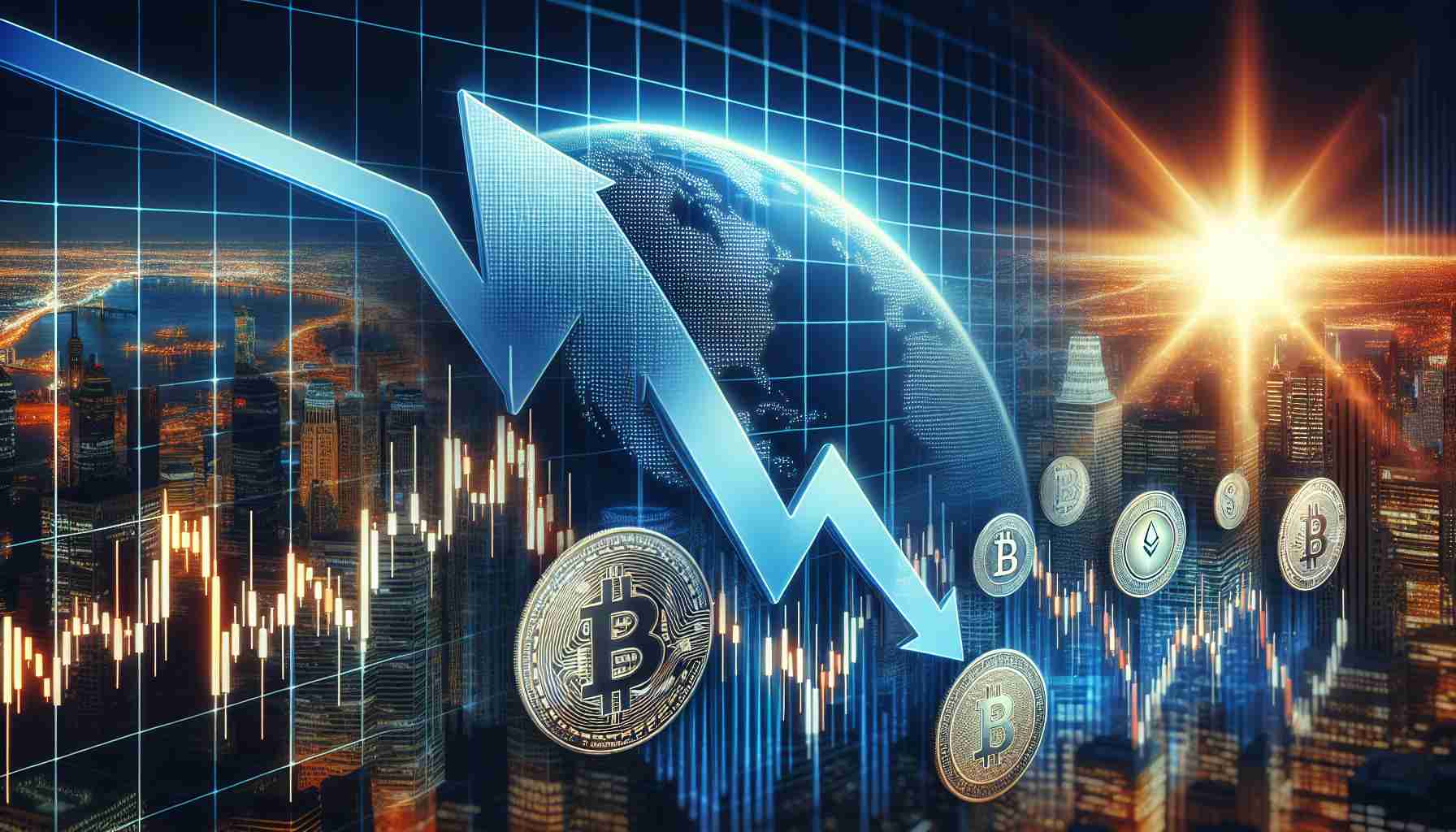 Highly detailed and realistic photo showcasing the concept of U.S. inflation taking a dip, symbolized by a downward pointing arrow on a chart. The background should contain the financial district of a city. The potential boost for cryptocurrency markets is signified by a bright, rising sun (representing growth and optimism) above a digital landscape with cryptocurrencies like Bitcoin, Ethereum, and others. The overall mood of the picture should evoke a sense of potential and hopeful anticipation.