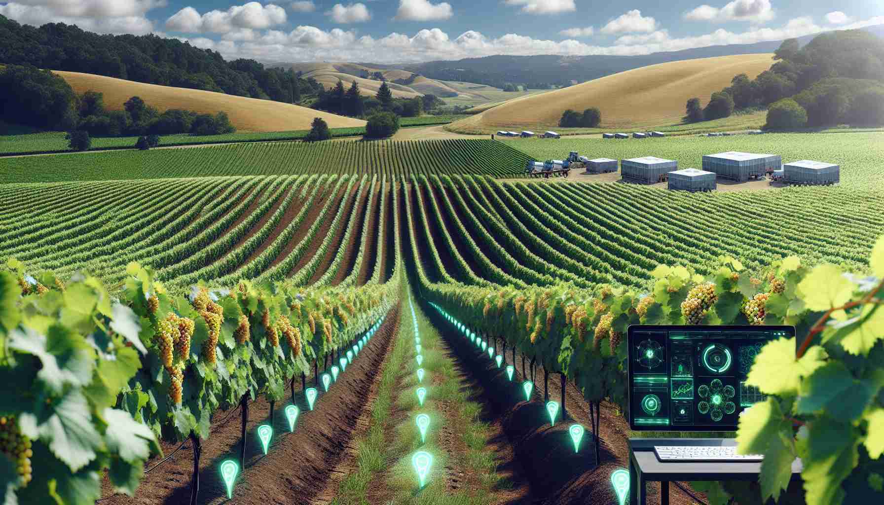 An ultra high-definition, realistic image of a sprawling Virginia vineyard. The rolling hills are carpeted with a uniform blanket of healthy vine plants, with clusters of ripe grapes glowing under the sunny sky. Markers in the soil, possibly for soil sensors or irrigation systems for crop management, are discreetly embedded among the plants. Most intriguingly, a modern, sleek computer station is nestled at one side of the vineyard, screens displaying what looks like blockchain data and other contemporary farming analytics. The juxtaposition between the traditional agricultural setting and the futuristic technology hints at innovative farm management methods being employed.