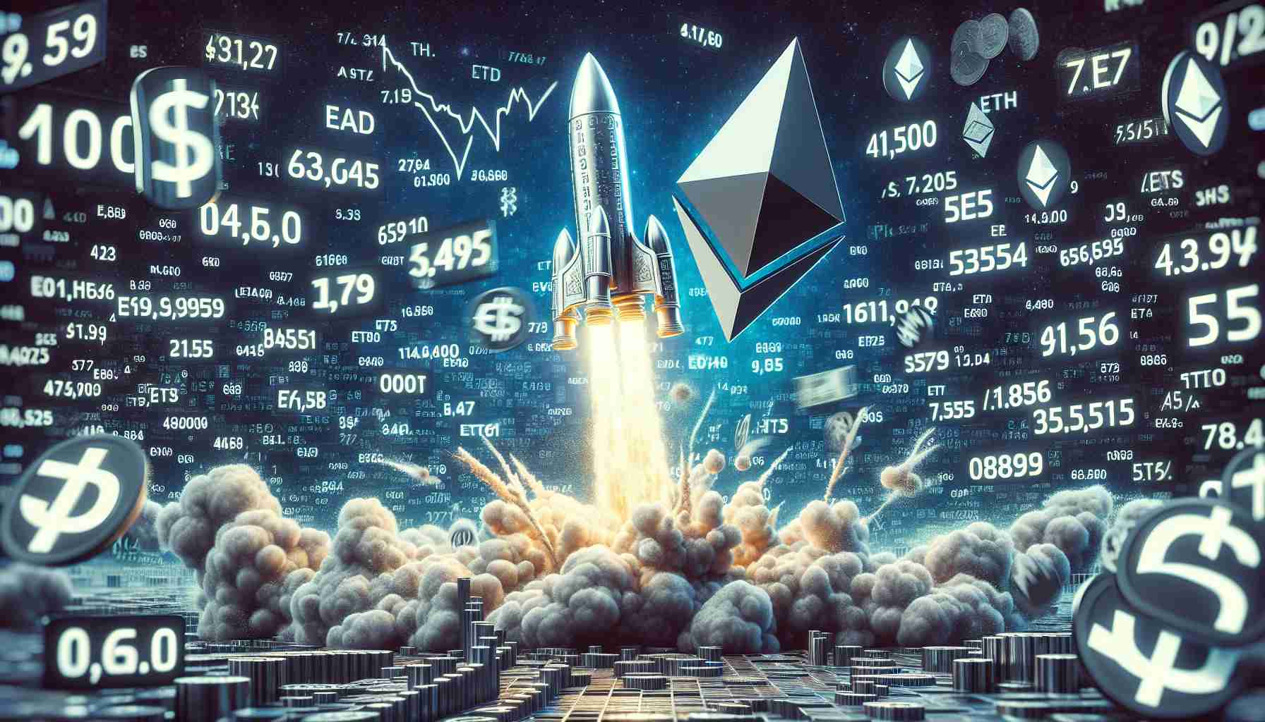 A highly detailed image, in realistic style, of a symbolic representation of Ethereum cryptocurrency showing signs of robust growth. This can be depicted through a rocket taking off amidst a storm of numbers and financial symbols, with an ETF ticker prominently shown. The environment can be a dynamic and active financial market setting, with colors leaning toward Ethereum's brand tones such as ultramarine, white, and black.