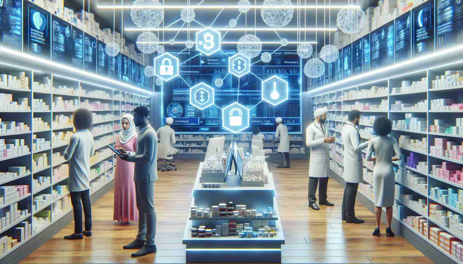 High definition, realistic image illustrating the impact of Blockchain innovation on the pharmaceutical industry in Nigeria. The scene could feature a modern pharmacy filled with advanced technology and digital interfaces showcasing blockchain usage. Maybe, there are people of various genders and descents, such as a Middle-Eastern male pharmacist and a South Asian female customer, interacting and discussing healthcare solutions. Include symbolic elements such as large screens displaying interconnected nodes, symbolizing blockchain, secure medicine storage, and digital receipts to emphasize the technology's role.