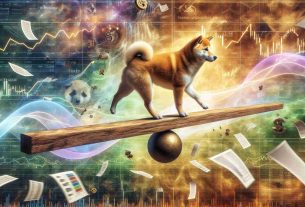 Create a highly realistic image of a golden Shiba Inu dog balancing on a large, firm beam, meant to symbolize key support. Surround the scene with the look of a dynamic, unpredictable stock market environment, filled with symbolic elements such as fluctuating arrows, market value boards and a whirl of papers, expressing the sense of market uncertainty.