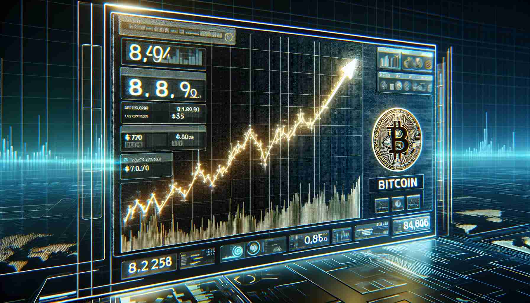 Create a high-definition, realistic image implying the potential growth of bitcoin. The image should consist of a line chart displaying a steep upward trend, illustrated on a futuristic digital display. It should suggest the concept of bitcoin or crypto-currency, possibly incorporating symbols such as the bitcoin logo. The display should be surrounded by sophisticated data screens that feature various information and indicators related to cryptocurrency markets. The overall tone of the image should be optimistic and promising, symbolizing the words of a expert in the crypto field.