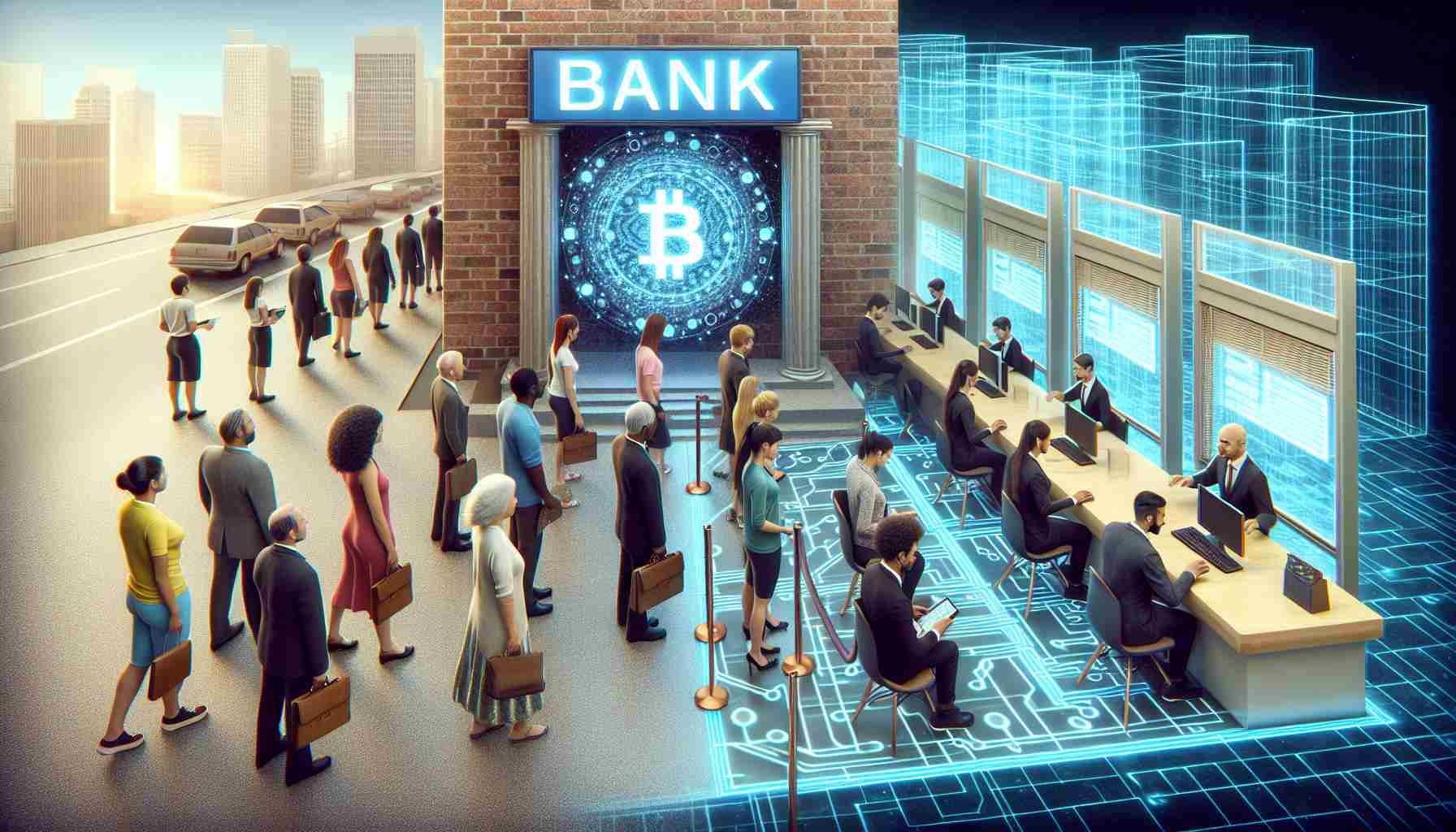 A high definition, realistic depiction of the revolutionization of retail banking by blockchain technology. The image should present a brick-and-mortar bank transitioning into a modern, digital institution. On one side, represent traditional banking filled with paperwork, long queues of diverse customers - a Hispanic middle aged woman, a young Black man, and an older Caucasian gentleman. On the other side, show the digital transformation, with visible symbols of blockchain - interconnected blocks and chains - and diverse bank employees - a South Asian woman, a Middle-Eastern man - working on computers, focusing on customer service with remarkable efficiency.