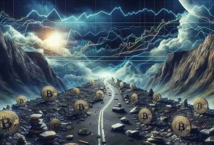 Generate a highly detailed, realistic image demonstrating the concept of a challenging path ahead for alternative cryptocurrencies. Picture these alternative currencies as symbolic objects, journeying on a rocky, uphill road under a stormy sky, highlighting the market volatility and unpredictability. Surround this key scene with indicators of shifting market dynamics such as oscillating graphs, charts and arrows. The scene should convey the increasing competition and uncertainty they are facing.