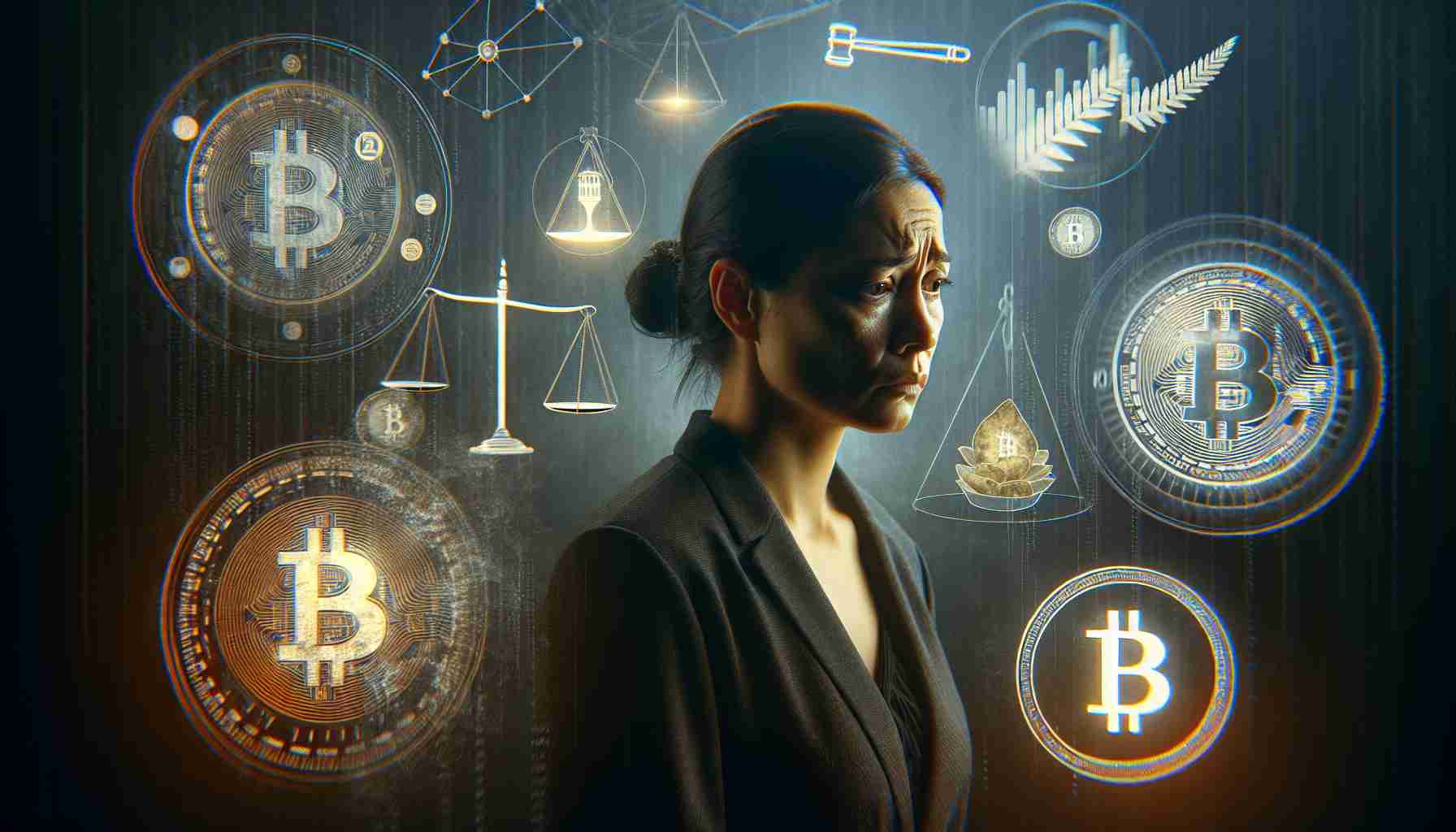 A high-definition, photo-realistic style depiction of a news theme where a woman of Maori descent from New Zealand is facing financial penalties. She is in a daunting environment, dealing with legal consequences due to her involvement in a cryptocurrency scheme. The graphic should emphasize a gloomy atmosphere with symbolic illustrations of cryptocurrency elements like Bitcoin symbols, blockchain graphics and justice scales.