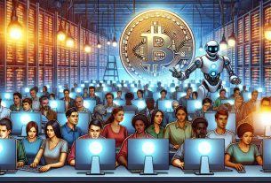 A high-definition illustration showing a metaphorical scene representing an increase in investors' interest in cryptocurrency mining due to advancements in artificial intelligence. Picture a large group of diverse individuals from different descents like Caucasian, Middle-Eastern, Hispanic, Black, and South Asian, of different genders, focusing intently on their computers. Behind them, a giant symbol of a Bitcoin is glowing brightly, indicating profits going up, related to the data displayed on the screens. In the background, there's a futuristic AI robot efficiently operating other mining computers, signifying the role of AI in expanding opportunities.