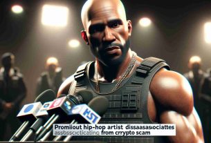 A realistic HD image of a prominent hip-hop artist, who is disassociating himself from a cryptocurrency scam. The artist is physically fit, bald, and wears a bulletproof vest. He is African American, has a muscular build, and is looking serious and thoughtful. The background hints at a press conference, with microphones, lights, and blurred figures of reporters. A headline caption reads: 'Prominent Hip-Hop Artist Disassociates from Crypto Scam'.