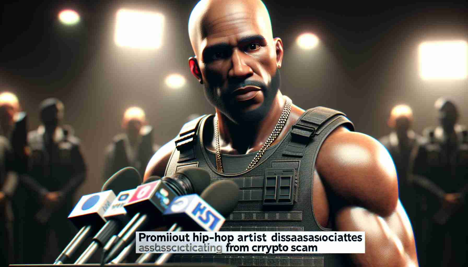 A realistic HD image of a prominent hip-hop artist, who is disassociating himself from a cryptocurrency scam. The artist is physically fit, bald, and wears a bulletproof vest. He is African American, has a muscular build, and is looking serious and thoughtful. The background hints at a press conference, with microphones, lights, and blurred figures of reporters. A headline caption reads: 'Prominent Hip-Hop Artist Disassociates from Crypto Scam'.