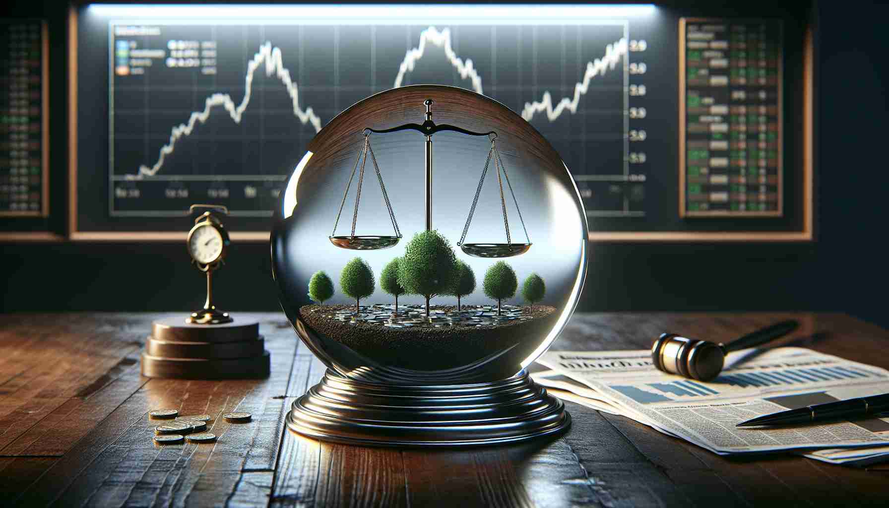 A high-definition, realistic image symbolizing the anticipation of steady interest rates ahead of a financial policy meeting. The scene includes a large, clear crystal ball sitting on a polished wooden table. Inside the crystal ball, a pair of balanced scales stands on a solid foundation, alongside growing green trees. They denote the expected steadiness in interest rates. In the foreground, there are some financial newspapers and charts highlighting the sentiment of the economy. A muted clock hangs on the background wall, illustrating the countdown to the important meeting.