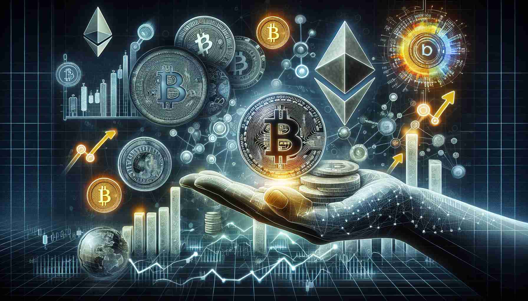 A detailed and realistic high-definition visual metaphorical representation of the evolving trends in cryptocurrency investment practices. Depict various symbols related to cryptocurrency such as Bitcoin and Ethereum logos, charts showcasing change, and hands exchanging coins. Also, illustrate a fluctuating bar graph indicating changes in investment value across time.