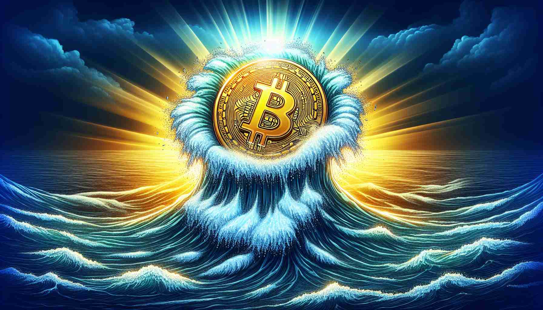 A detailed graphic image representing the concept of Bitcoin experiencing a rough phase, signifying its struggle to maintain critical price levels. The image should be high-definition and realistic, with the Bitcoin symbol being in a turbulent sea, attempting to stay above the water level. The water could symbolize the price levels. Illumination, like the sun or the moon, should serve as a metaphor for hope or potential recovery.