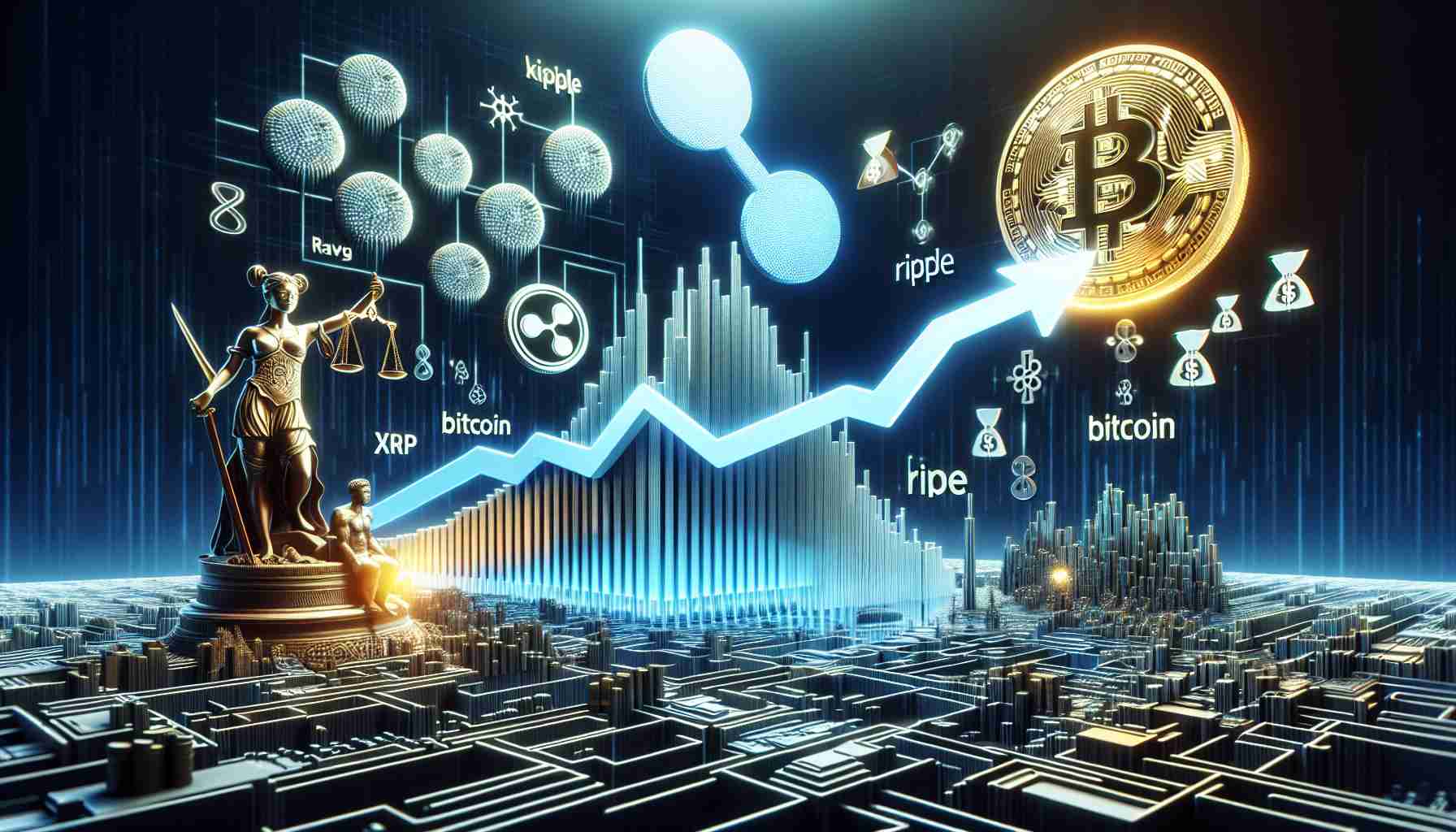 Realistic high-definition visualization of the cryptocurrency XRP rising against Bitcoin. The image could depict the conceptual representation of Ripple's ongoing legal proceedings and plans for stablecoin. Perhaps, it could display symbols and metaphors for law, conflict, and stability, along with the digital representation of XRP and Bitcoin, all against a backdrop that indicates a futuristic digital world. Try to give the words and symbols a three-dimensional appearance that reflects their virtual reality nature.