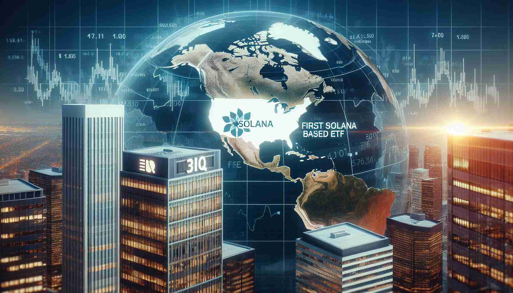 A realistic, high-definition image that represents the concept of a Canadian financial company, 3iQ, introducing the first Solana-based Exchange Traded Fund (ETF) in North America. Perhaps a subtle backdrop of the North American map overlaid with Solana's logo and the text 'First Solana-based ETF' prominent in the center. In the foreground, a representation of 3iQ as a modern office building located in Canada.