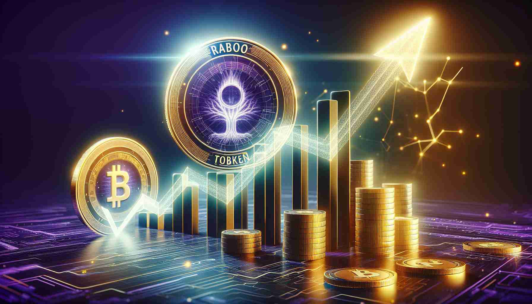 A hyper-realistic, high-definition illustration symbolizing the catapulting growth of a fictional cryptocurrency named Raboo Token after its initial launch. The image should feature a graph with an upward trend and the Raboo Token's logo in the background, all bathed in a glow of successful financial growth.