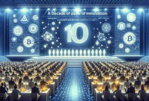 Generate a high-definition, realistic image of a grand celebration marking the 10th edition of a major European Blockchain Convention. The scene should depict hints of the past decade's innovation in blockchain technology, perhaps through symbolic representations of cryptocurrencies like Bitcoin, smart contract symbols, or distributed network schemas. There should be a large banner prominently displayed that reads, 'A Decade of Innovation: European Blockchain Convention Marks its 10th Edition'.