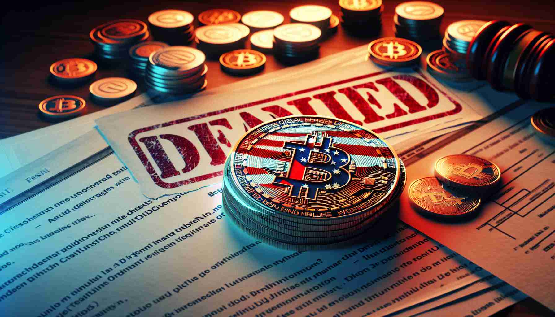 High-definition picture representing a symbolic legal battle. Visualize a well-known cryptocurrency exchange company, but without revealing its logo or trademark, being surrounded by paper documents that signify a lawsuit. These documents are tinted with the colors of the American flag, indicating a battle against a Federal agency. In the background, show a big, blurred red 'denied' stamp, depicting the main conflict of the image - a denial from a government institution regarding a freedom of information request.