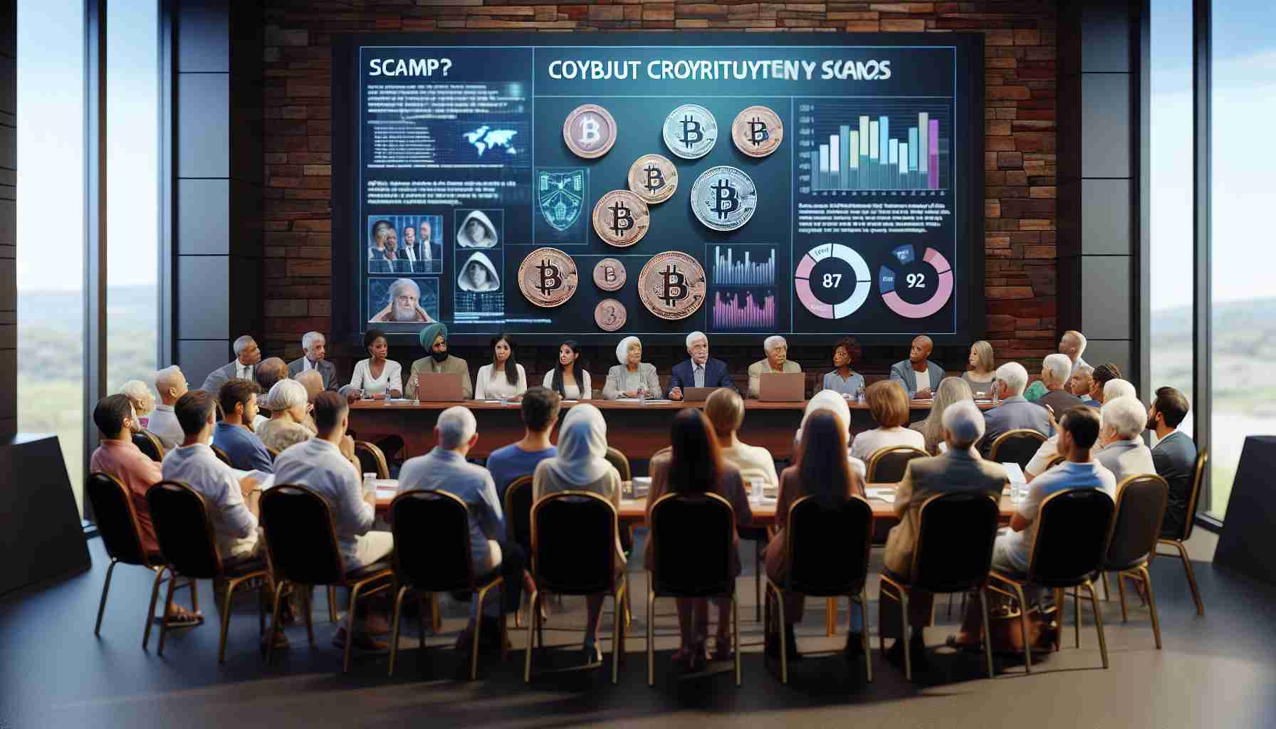 Realistic HD photo of a meeting in Florida where people discuss strategies to combat cryptocurrency scams, with a specific focus on protecting the senior community. The room is filled with diverse individuals—Middle-Eastern women, Caucasian and Black men—who are all passionately involved in the discussion. On a large screen at the front of the room, there are presentations related to the topic. Visual aids such as pie charts and graphs showcasing the impact of these scams in the state abound, helping to emphasize the urgency of the subject.