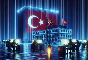 A high-definition image depicting a symbolic representation of a major cryptocurrency exchange platform based in Turkey being compromised by unidentified hackers. The scene could feature a large digital building with a flag emblematic of Turkey, symbolizing the exchange. In the foreground, figures illuminated by the glow of computer screens, representing the hackers, can be seen manipulating lines of code, suggesting a cyberattack.