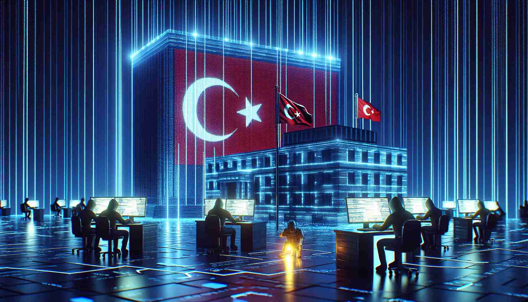 A high-definition image depicting a symbolic representation of a major cryptocurrency exchange platform based in Turkey being compromised by unidentified hackers. The scene could feature a large digital building with a flag emblematic of Turkey, symbolizing the exchange. In the foreground, figures illuminated by the glow of computer screens, representing the hackers, can be seen manipulating lines of code, suggesting a cyberattack.