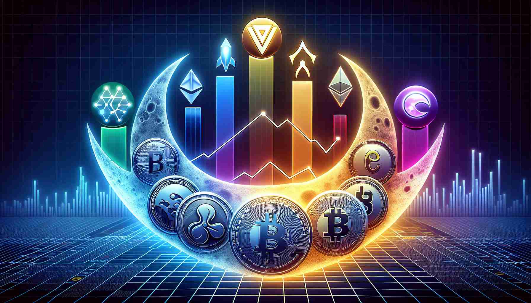 Generate a highly detailed and realistic image representing five different alternative cryptocurrencies poised for growth. Each should be represented by their respective symbols or logos. They should be arranged in a half-moon formation. The background should be a graph depicting upward trend, indicating the potential for growth. Lighting and color should be applied in a way that conveys a sense of optimism and potential. Note: Do not use real cryptocurrency logos, instead generate abstract symbols that could represent hypothetical cryptocurrencies.