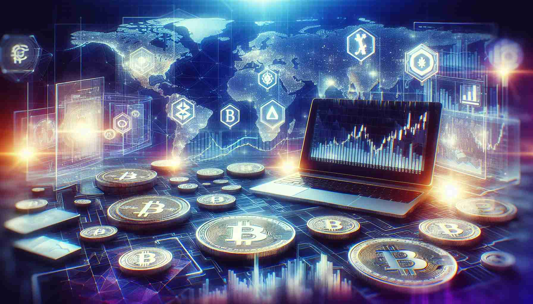 Generate a high-definition, realistic image of a new concept for a Crypto Exchange-Traded Fund (ETF) that suggests broadened investment opportunities. This visualization could include elements like digital screens displaying various cryptocurrency symbols, charts indicating growth and investment returns, world maps to indicate global investment reach, and a logo for the imagined ETF. The atmosphere of the image should convey a feeling of innovation, expansion, and potential. Note: The image should remain abstract and not specific enough to suggest actual investment advice.