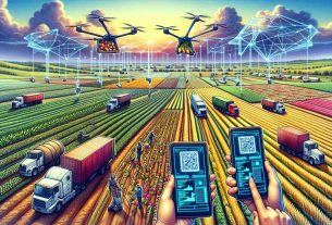 Generate a high-definition, realistic illustration of how blockchain technology can revolutionize agricultural supply chains. Picture this: A vast farmland with various crops being harvested. The farmers are holding digitally enhanced devices displaying codes, representing a blockchain ledger. Alongside, there's a series of transportation options like trucks and drones, prepared to take the crops to markets. Every item has a unique digital tag. Picturing further, there’s a market where these crops are sold, having the same digital devices which verifies the blockchain code ensuring transparency and trust.