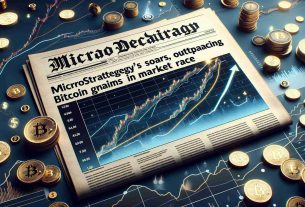 Realistic high definition image of a newspaper headline reading 'MicroStrategy's Stock Soars, Outpacing Bitcoin Gains in Market Race', along with accompanying imagery. The illustration could depict a finance chart showing a steep climb of a stock line (symbolizing MicroStrategy) outpacing another line (symbolizing Bitcoin). Other financial symbols like dollar signs, coins, and graphs can be subtly incorporated in the backdrop.