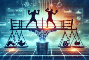 An high-definition image illustrating the concept of blockchain technology providing solutions to challenges in the boxing industry. The image visualizes this through a symbolic representation of boxing elements, such as a boxing ring, gloves, and a digital ledger representing the blockchain. Balancing these elements might be metaphoric silhouettes, demonstrating both the struggle and success the boxing industry could experience from blockchain technology.